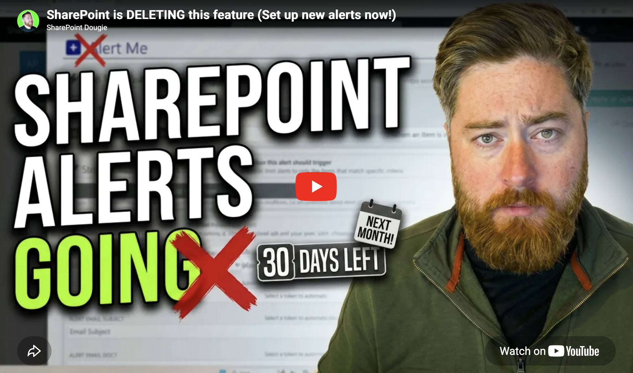 YouTube thumbnail featuring Microsoft MVP Dougie Wood discussing the retirement of SharePoint Alerts and reviewing alternatives including Power Automate, SharePoint Rules, and Alert Plus.